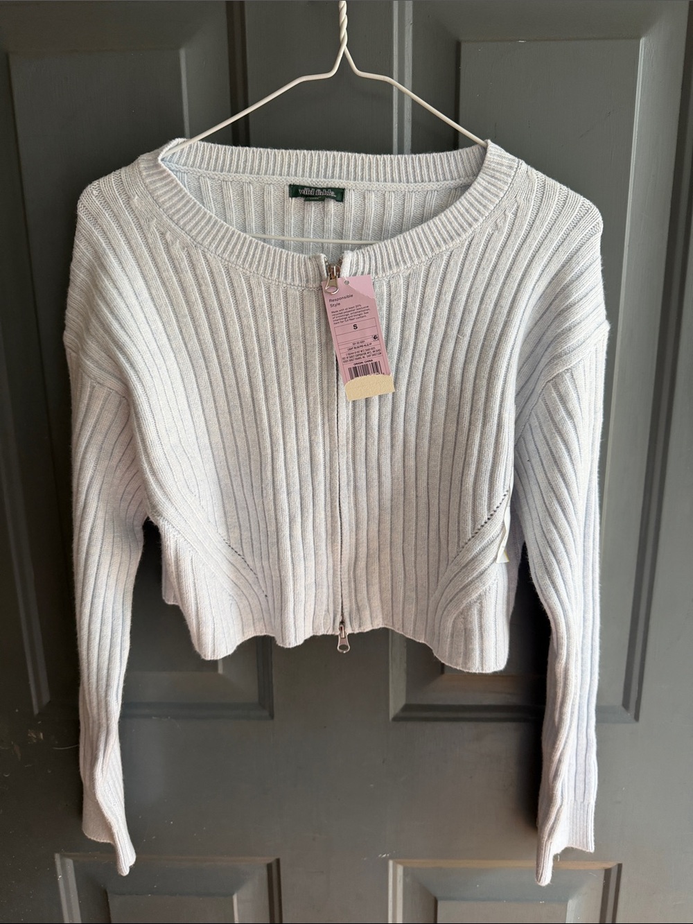 Willow & Clay Light Gray Ribbed Zip-Front Cropped Sweater